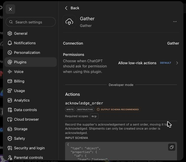 ChatGPT’s plugin page listing Gather’s actions, with write and destructive labels on each action