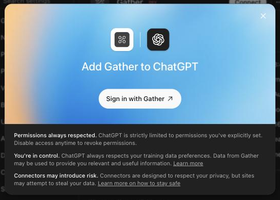 The Add Gather to ChatGPT screen with a Sign in with Gather button