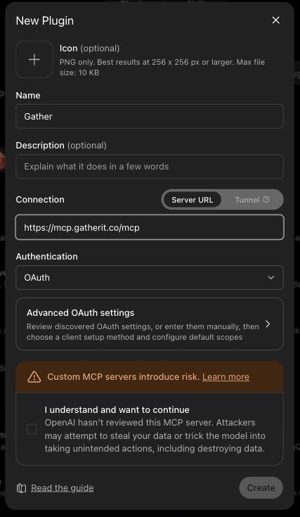 ChatGPT’s New Plugin dialog, filled in with the name Gather, the server URL and OAuth authentication