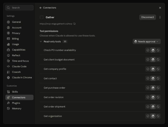 Claude showing Gather as connected, with the tool permissions list of read-only tools