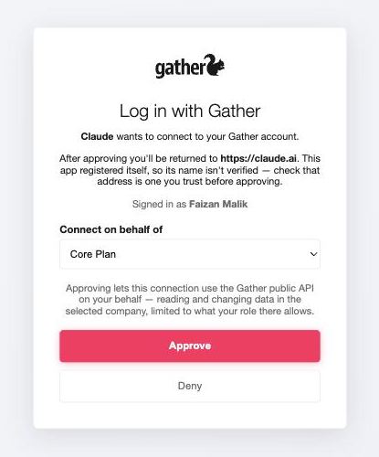 The Log in with Gather page, showing who is asking to connect and a company picker above Approve and Deny buttons