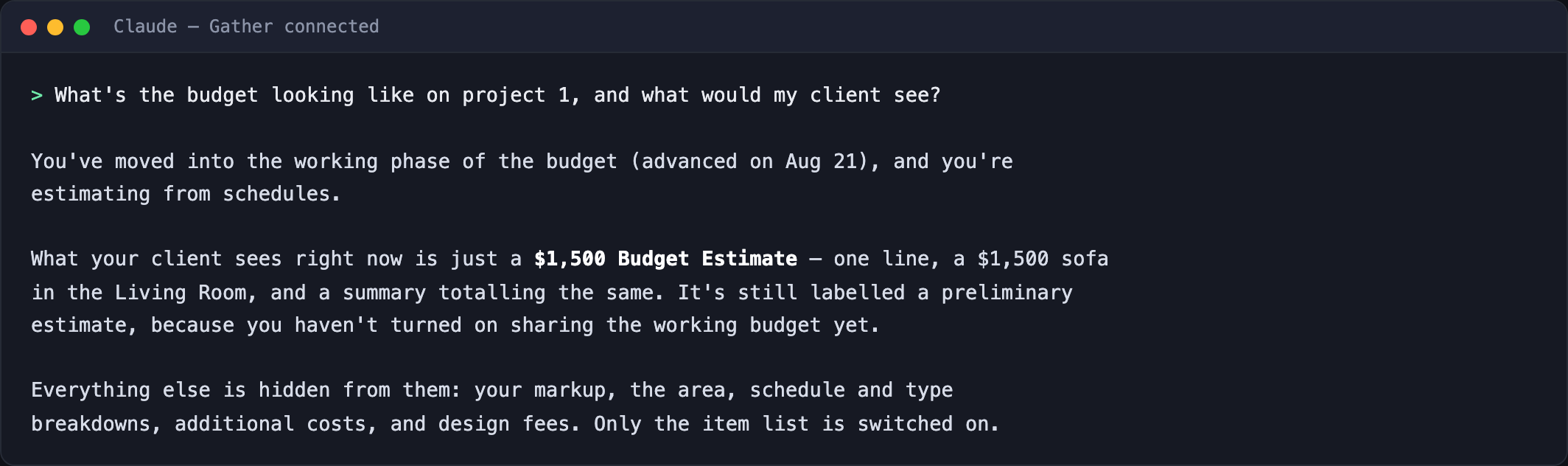 A connected assistant answering a question about a project budget