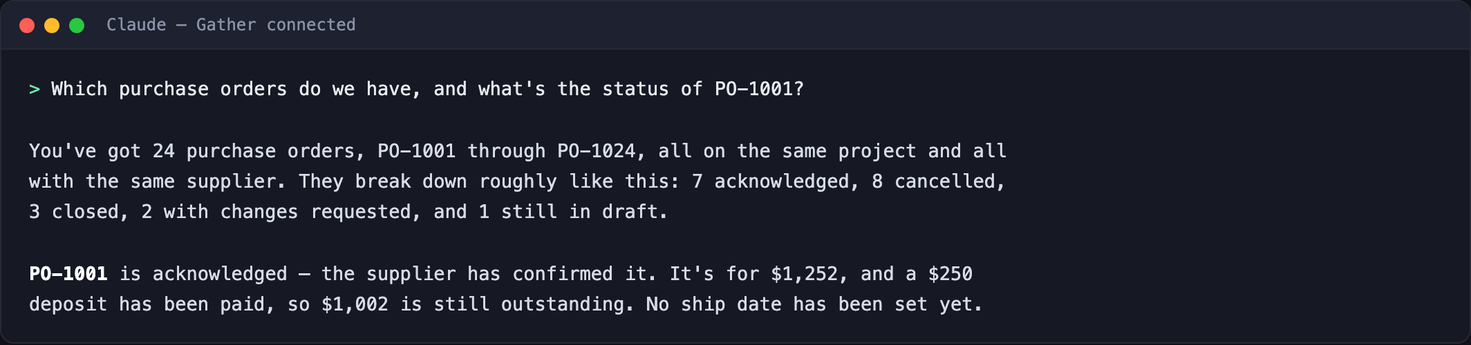 A connected assistant answering a question about purchase orders